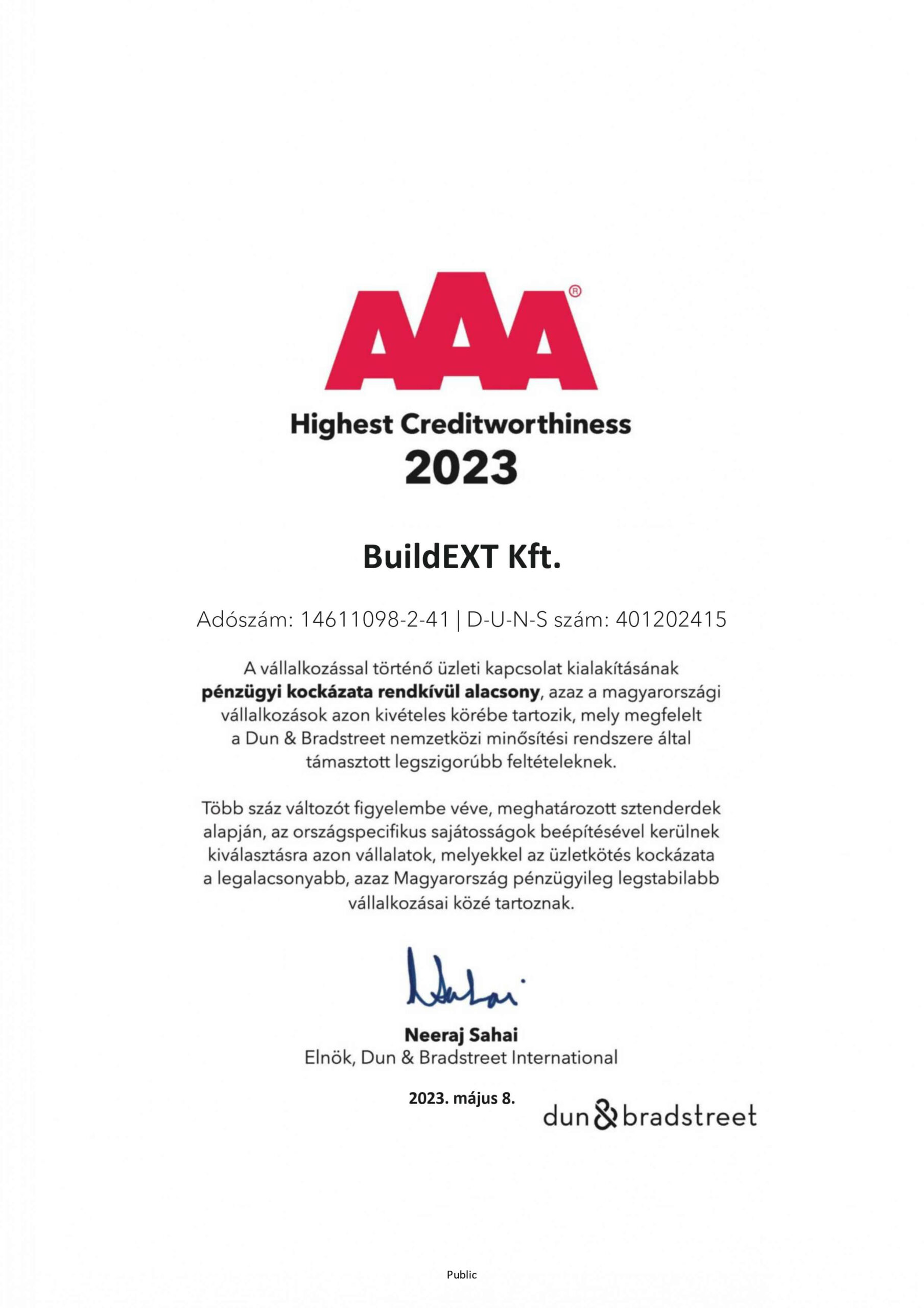 AAA certification for BuildEXT in the Dun & Bradstreet rating system